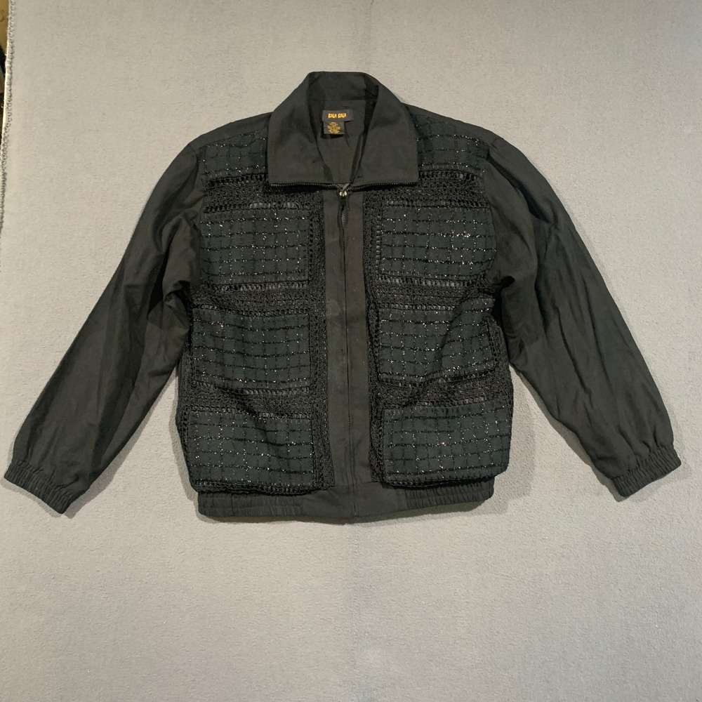 Bala Bala Silk Jacket Womens L Black Metallic Crochet Lace Trim Zip Up Bomber
